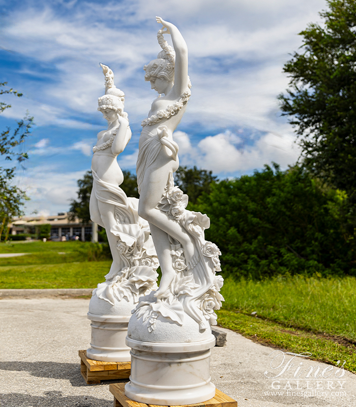 Marble Statues  - Museum Quality Garden Nymph Pair In Statuary Marble - MS-1522